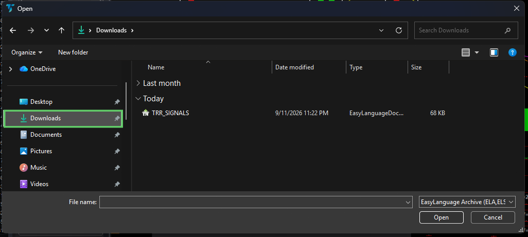 Windows Open dialog showing the Downloads folder
