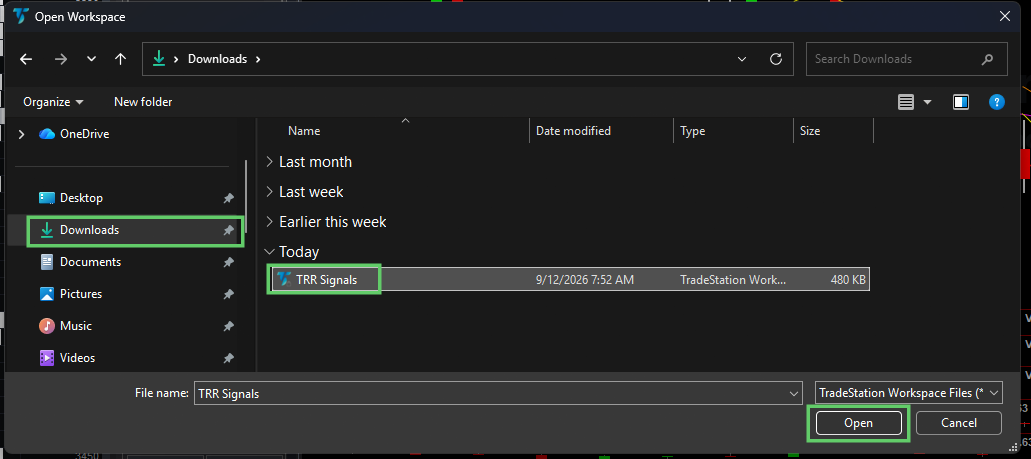 Open Workspace dialog with the TRR Signals workspace selected
