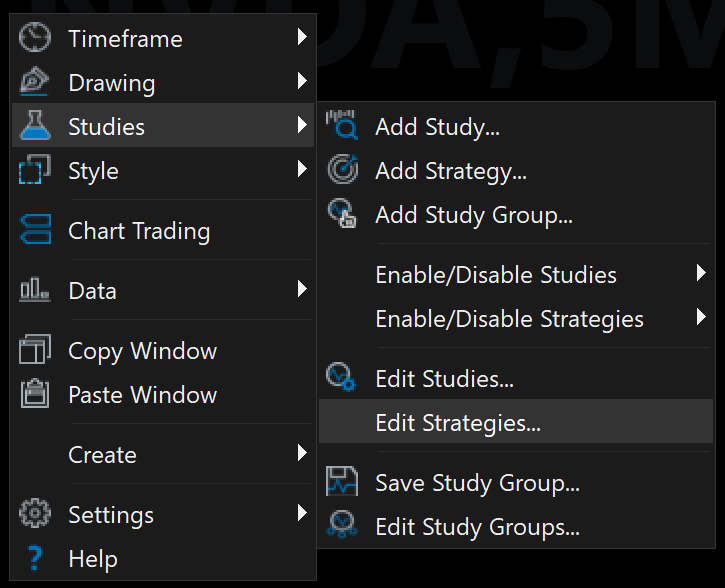 Chart right-click menu with Studies and Edit Strategies highlighted